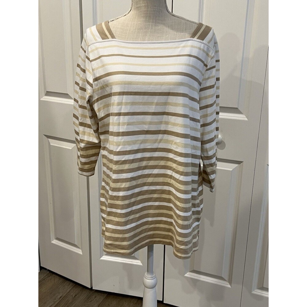 Denim & Co L Top White Tan Stripe Square Neck 3/4 Sleeve Stretch A475576
